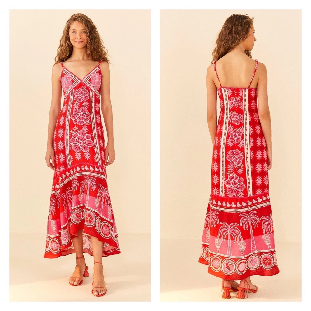 FARM RIO | Summer Sunrise Maxi Dress Pink Red Sleeveless Floral